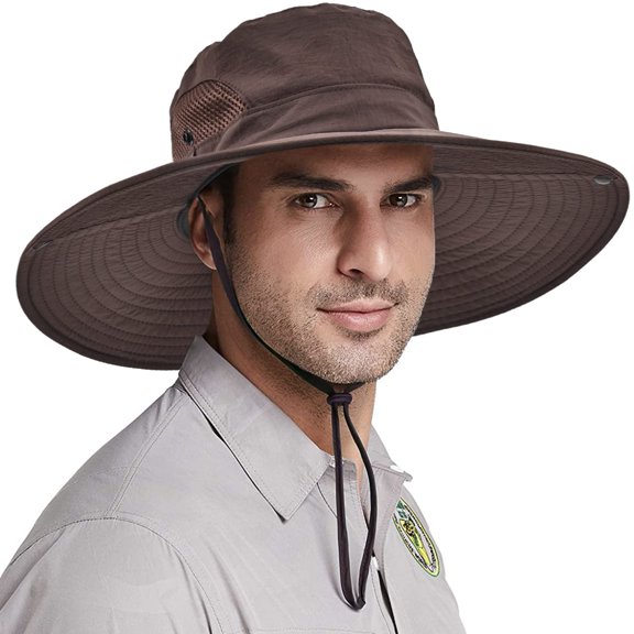 Sun Hats for Men, Wide Brim Fishing Sun Hat, Waterproof UPF 50 UV Protection Caps with Drawstring Two Wearing Styles, Summer for Fishing Hiking Safari Outdoor, Brown
