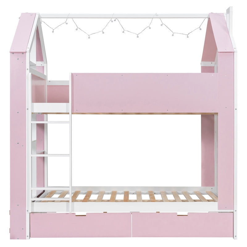 Full-Over-Full Two-Tone Accent Bunk Bed Frame with Cabinet, Drawers & Shelves, Modern Storage Kids Bed with LED Light Strip