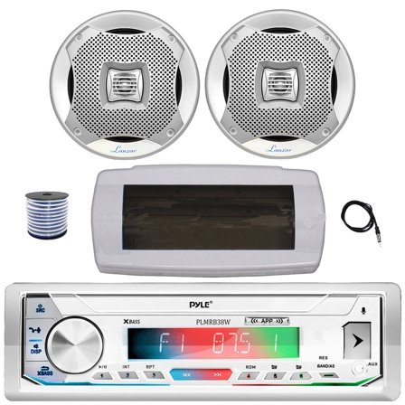 Pyle PLMRB39W LCD Display Single-DIN Marine Bluetooth USB/AUX MP3 Player AM/FM Radio Stereo White Receiver W/White Cover, 2x 5.25” 200W Max 2-Way Water Resistant Speakers, Radio Antenna, Speaker Wire