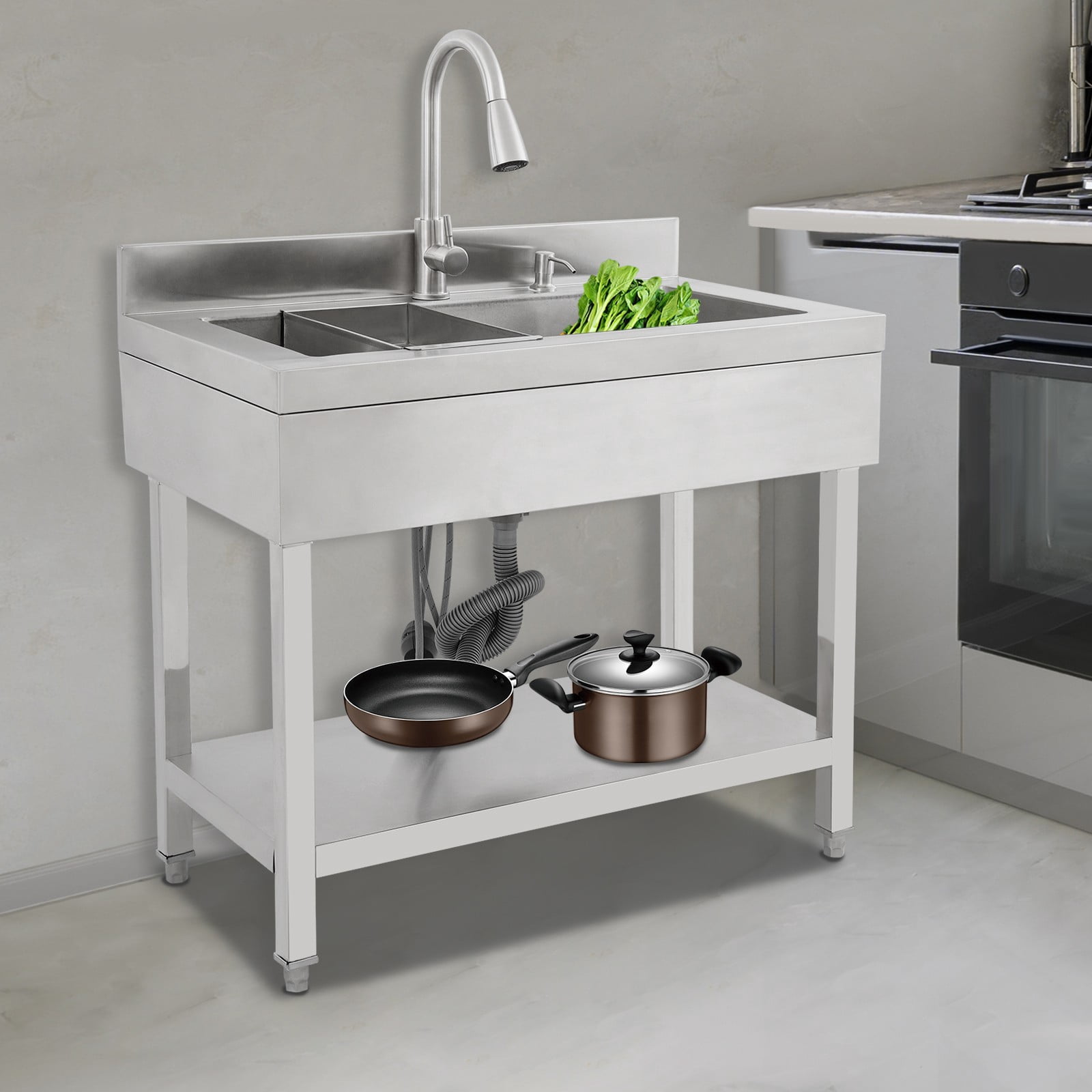 Utility Sink, Stainless Steel Kitchen Sink with Faucet, Freestanding Laundry Tub with Pull-Out Sprayer, 2 Water Modes, Durable & Large Capacity