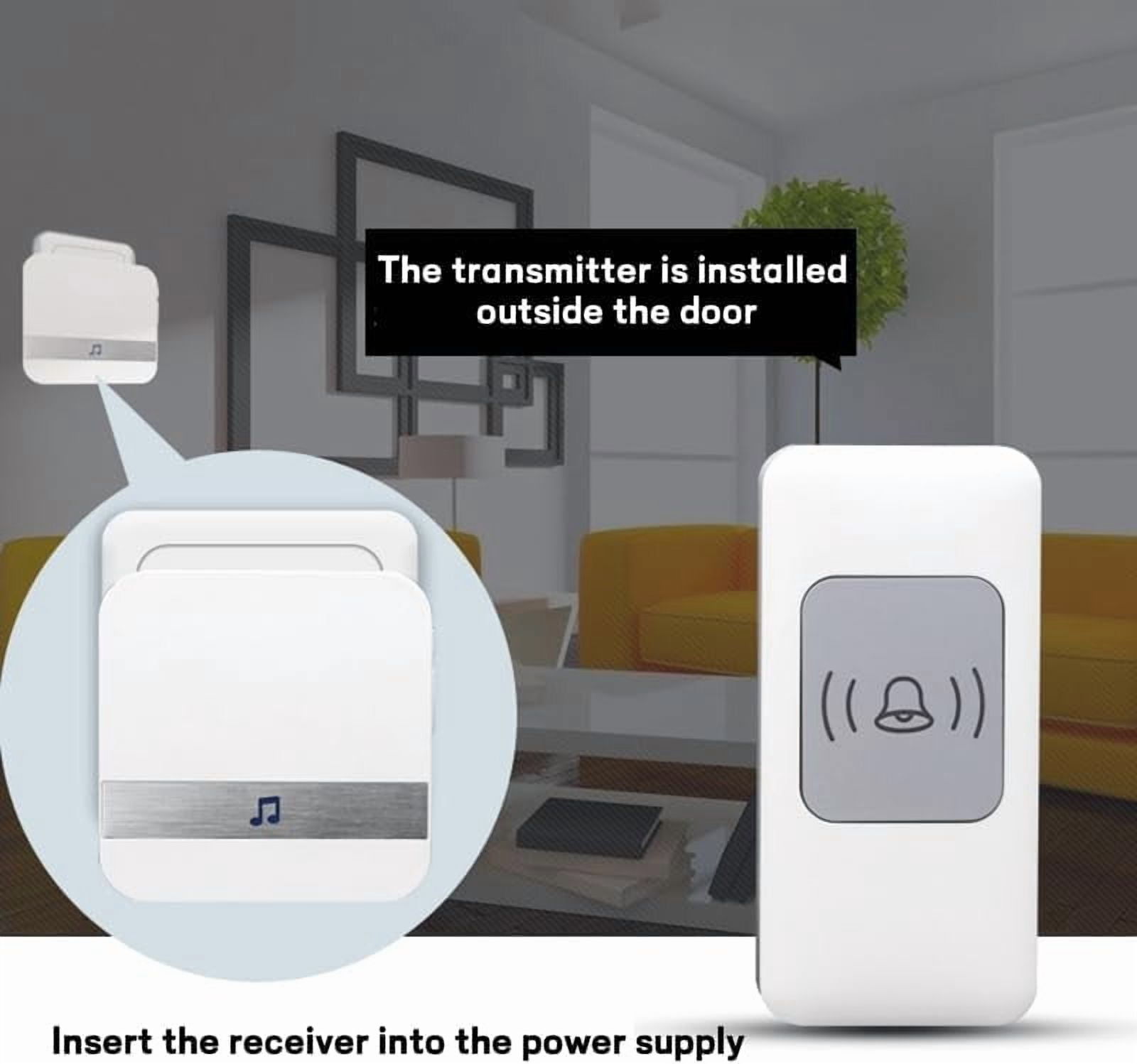 Wireless Doorbell, Doorbell IP68 Waterproof Twin Wall Plug-in Cordless Door Chime Kit with 300m Range, 52 Chimes, 115dB Lound 4-Level Volume & Blue Light, Plug in Door Entry Bell,White