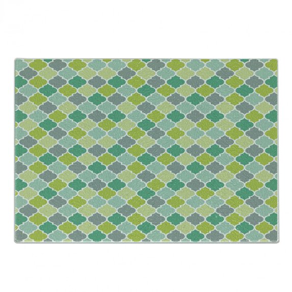 Teal Cutting Board, Traditional Moroccan Cultural Pattern Trellis Quatrefoil Motif in Vibrant Colors Retro, Decorative Tempered Glass Cutting and Serving Board, Small Size, Multicolor, by Ambesonne
