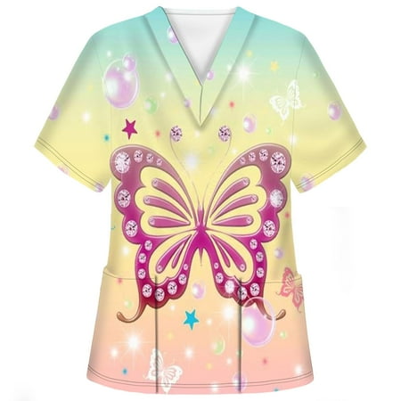 

Yyeselk Scrub Tops for Womens T Shirt Butterflies Valentine s Day Printed V-Neck Working Uniform Workwear Pockets Top Nurse Nursing Blouses Tee Shirts T-Shirts Tshirt(Pink M)