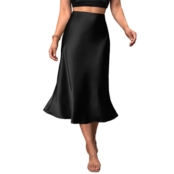 Women Solid High Waist Silky Casual Elastic Satin Midi Skirt Black S