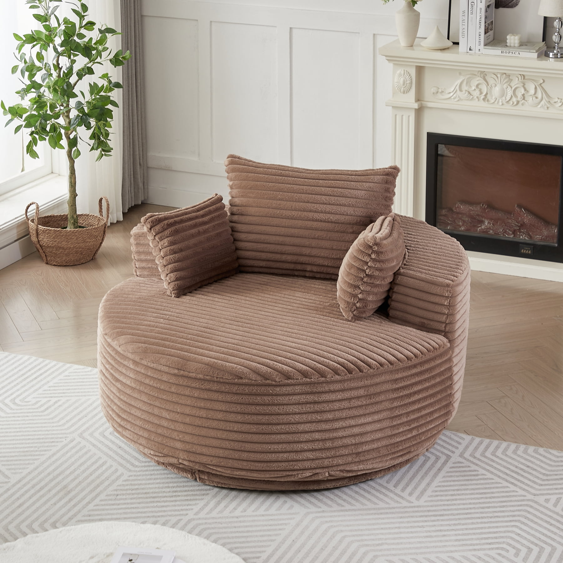 Leumius 55" Oversized Round Swivel Accent Chair,Upholstered Corduroy 360 Degree Swivel Chair for Living Room, Bedroom, Lounge and Projection Room,Brown