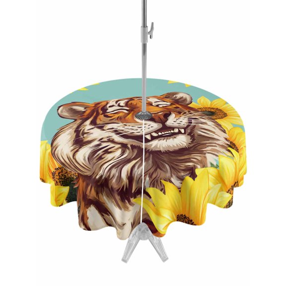 Outdoor Tablecloth with Umbrella Hole for Patio/Picnic/Party/Camping, Sunflower Tiger Waterproof Table Cloth Round Cover Washable, Yellow Floral Summer Botanical Farmhouse (Dia 54")