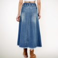 thumbnail image 5 of Women's High Waist A-Line Denim Maxi Skirt with Front Patch Pockets and Raw Hem Detail - Small, Blue, 5 of 7