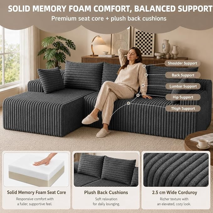 Howcool Boneless Sectional Sofa, L-Shaped Cloud Couch with Left-Facing Chaise, Deep Seat Memory Foam Modular Sofa for Living Room, Grey