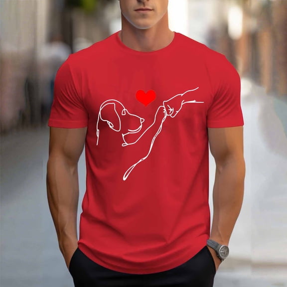 Yaoyar Men Valentine's Day Sketch Dog Love Print T-Shirt Round Neck Short Sleeve Top Stylish Casual Lapel Long Sleeve Down Shirts Mens Vacation