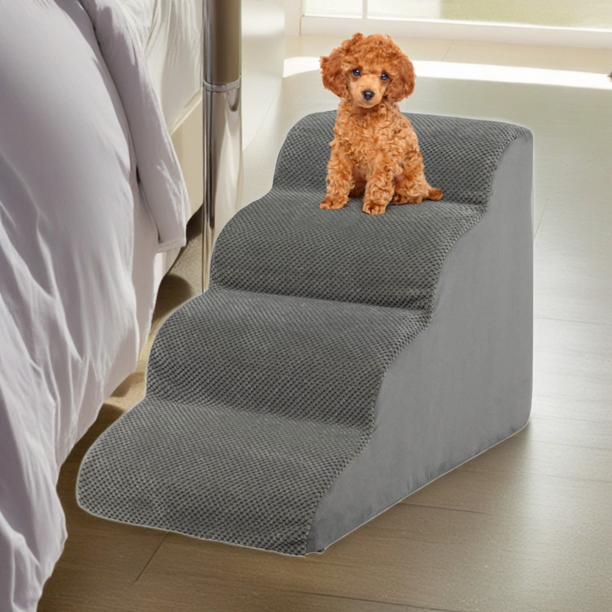 Kadyn 28" Dog Stairs for Small Pets with High-Density Sponge and Silicone Paw Prints, 4-Step Dog Ramp for Beds and Couch, Gray