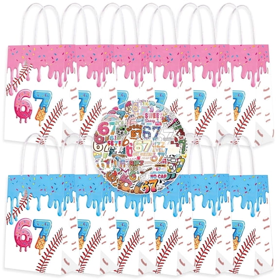 Viral 67 Meme Party Favor Bags, 12 Counts 67 Themed Gift Bags with 53 Meme Stickers Ice Cream Fan Party Supplies (White)