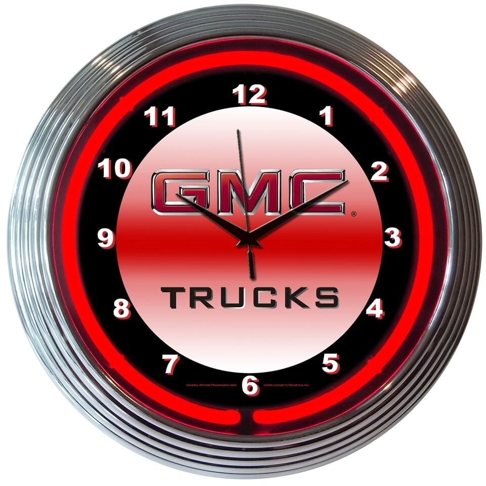GMC TRUCKS Genuine Neon 15 Wall Clock Glass Face Chrome Finish US Warranty New