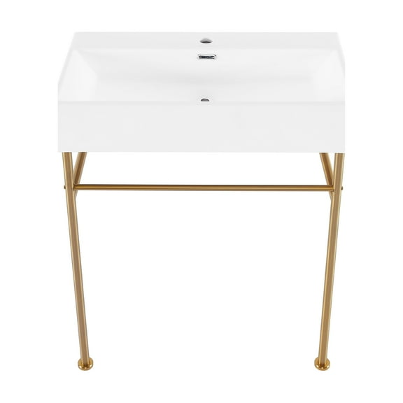 Reims 30 Ceramic Console Sink White Basin Brushed Gold Legs