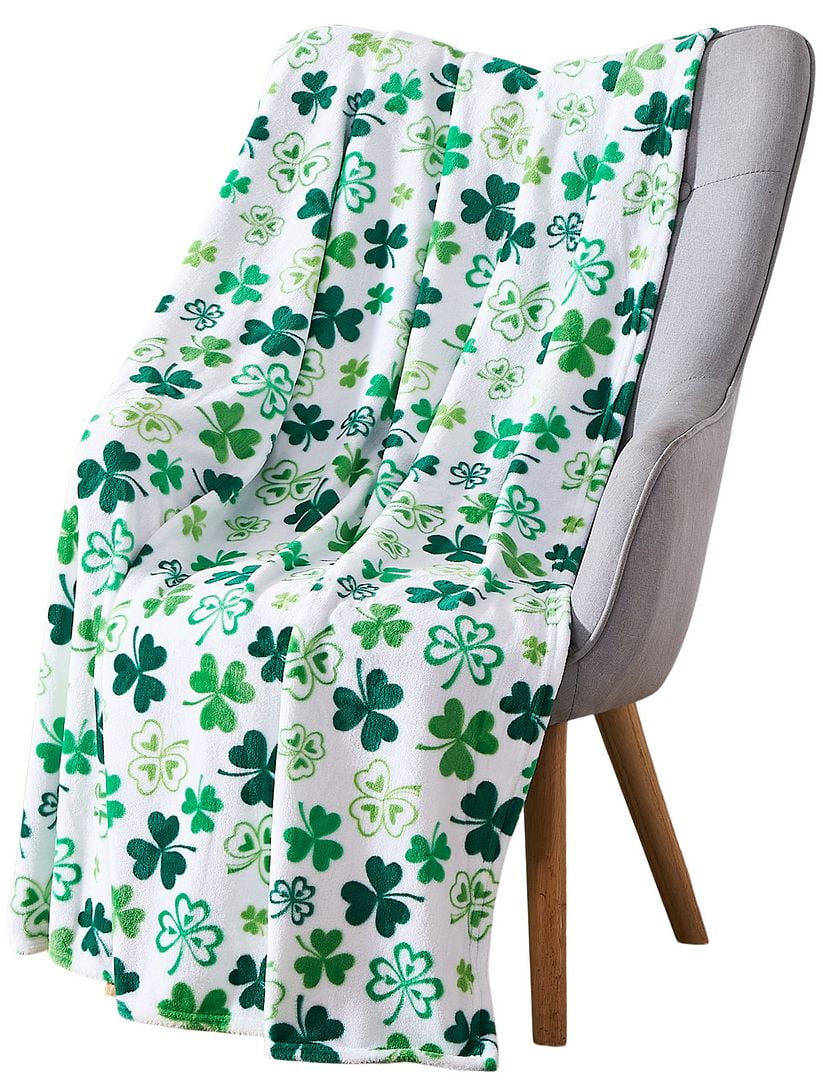 Serafina Home St. Patrick's Day Soft Throw Blanket: Greens of Ireland Four Leaf Clover Shamrock Design 50" x 70"