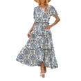 thumbnail image 2 of Summer Casual Bohemian Floral Dresses for Women Puff Short Sleeve Long Maxi Dress with Pockets Blue S, 2 of 7