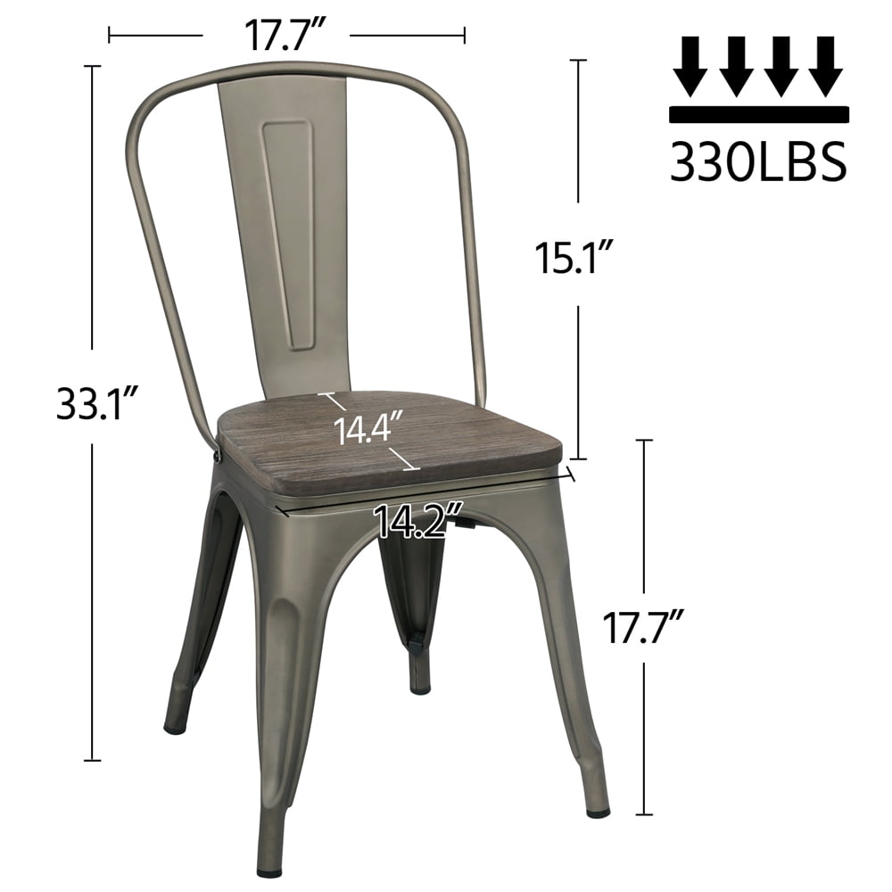 Alden Design Metal Stackable Dining Chairs with Wooden Seat, Set of 4, Gunmetal Gray