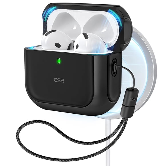 ESR para AirPods de 4ª generación, compatible con AirPods 4 Gen (2024) (USB-C), compatible con MagSafe, cubierta de protección contra caídas con cordón, funda híbrida Orbit, negro