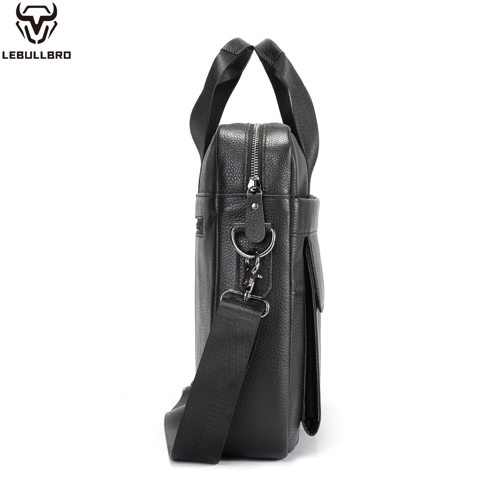 LEBULLBRO Mens Genuine Leather Briefcase Shoulder Messenger Bags Work Laptop Business Bag Black