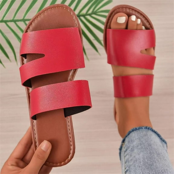 HAOTAGS Womens Stylish Slide on Comfort Sandal Flat Single Band Slide Sandals Open Toe Casual Summer Shoes Red Size 7
