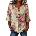 thumbnail image 3 of MuXiKeJi Clothes 3/4 Length Sleeve Womens Tops Cotton Linen Boho Blouses Floral V Neck Shirts Summer Beach Casual Top, 3 of 5