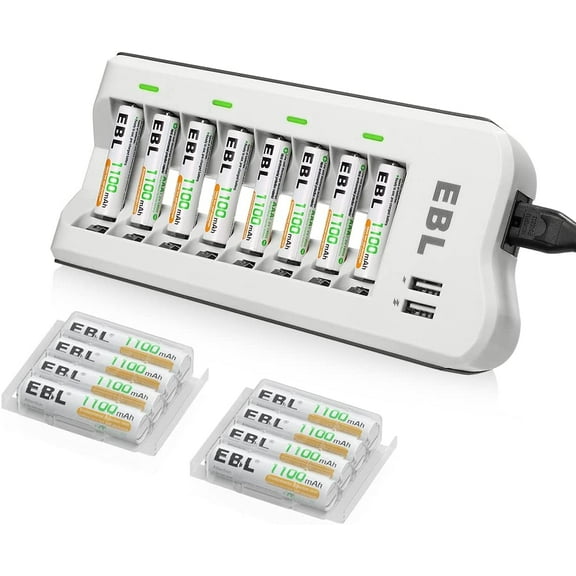 EBL 1100mAh NiMH AAA Rechargeable Batteries (16 Pack) and Rechargeable AA AAA Battery Charger with 2 USB Charging Ports