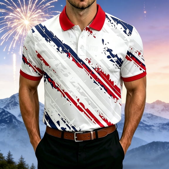 Men's 4th of July Polo Shirt American Flag Short Sleeve Golf Shirt Casual Button Down Shirts Independence Day Outfit(White1,XXXXXL)
