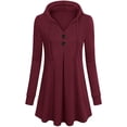 thumbnail image 2 of Una línea con capucha sudadera con capucha cuello en V manga larga botón cordón jersey casual tops para mujer vino rojo M, 2 of 7