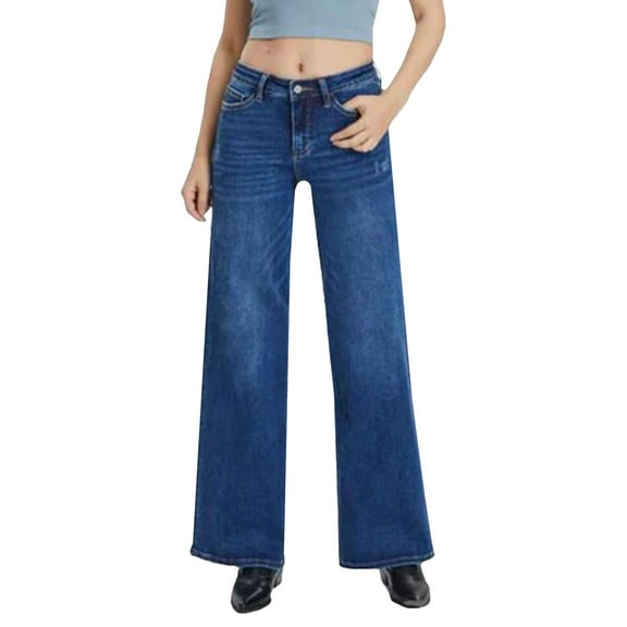 Seductiva Women's Wide Leg Jeans Women's Washed Ground Loose Slightly Cropped Mid Jeans Straight Leg Stretchy Jeans