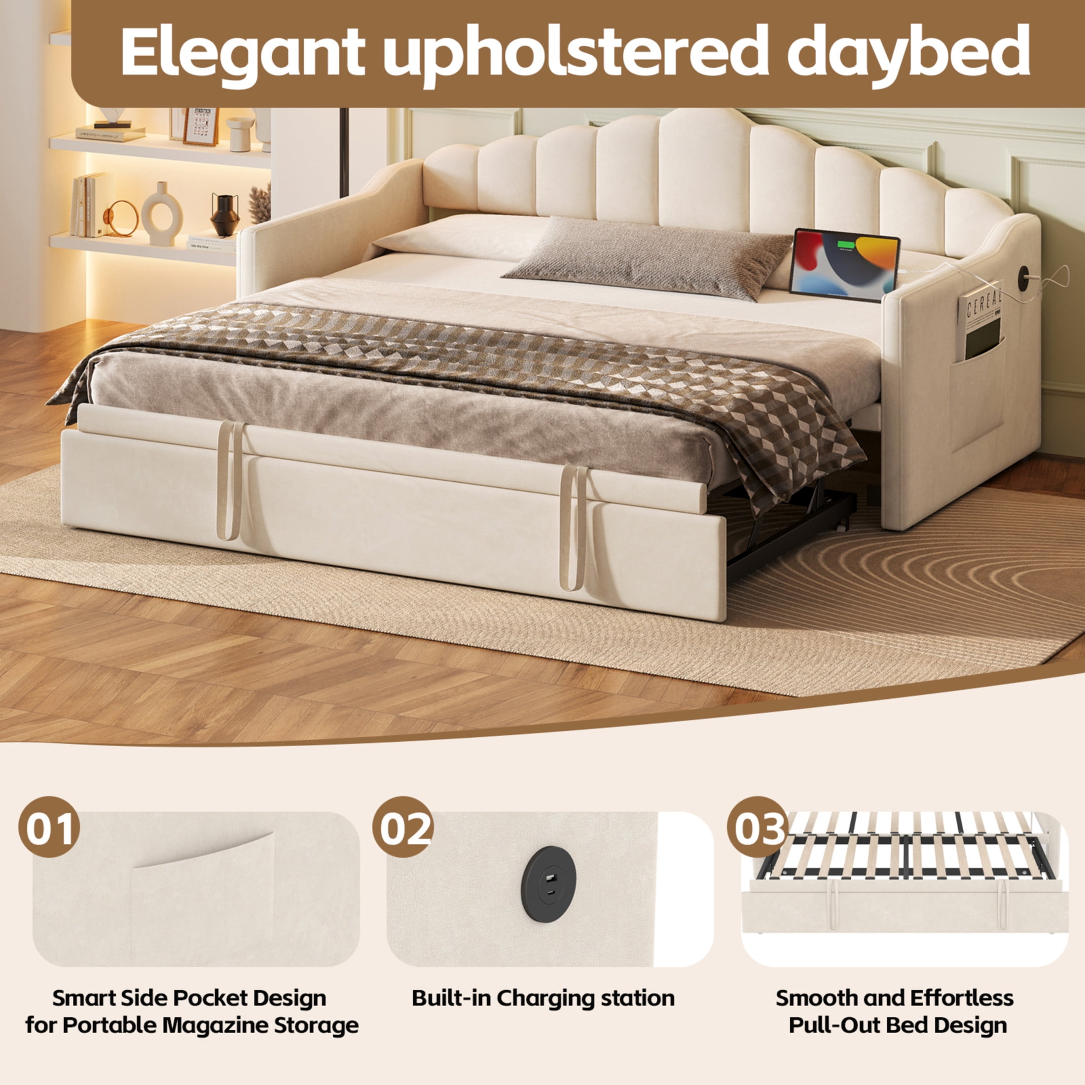 Noble House Twin Upholstered Daybed with Pop-Up Trundle, USB and Type-C Charging Ports, Beige