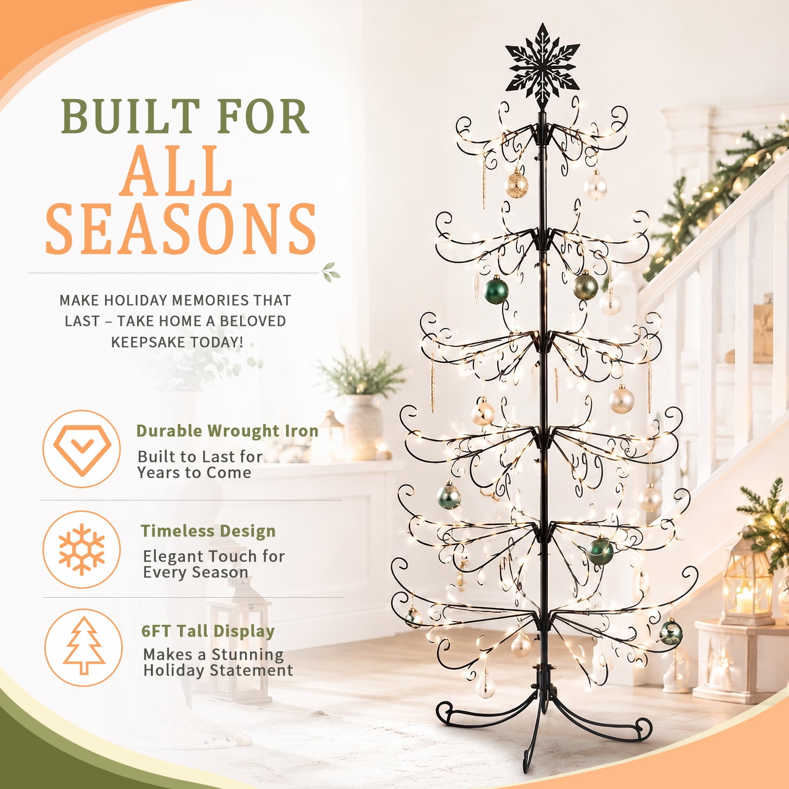 6ft Christmas Tree with Snowflake Top Black PVC Iron (Accessories Not Included)