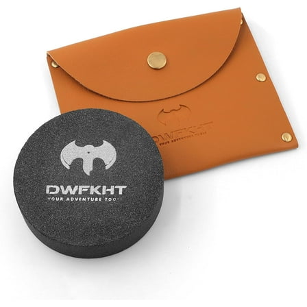 Axe & Tool Sharpener 3.9" Round Dual-Grit Stone with Leather Pouch, DWFKHT Sharpening Stone for Hatchets, Machetes, Knives & Outdoor Tools