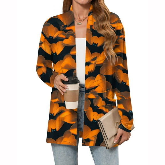 WTOBBY Women's Halloween Printed Cardigan Sweater Lightweight Open Front Long Sleeve Casual Loose Thin Cover Up With Pockets Fall Fashion Top,Gold L