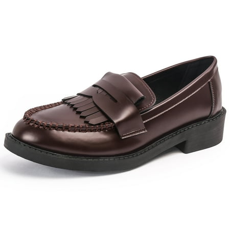 DADAWEN Women s Loafers Tassel Platform Oxford Dress Shoes Slip-on with Round Toe Chestnut 5 US