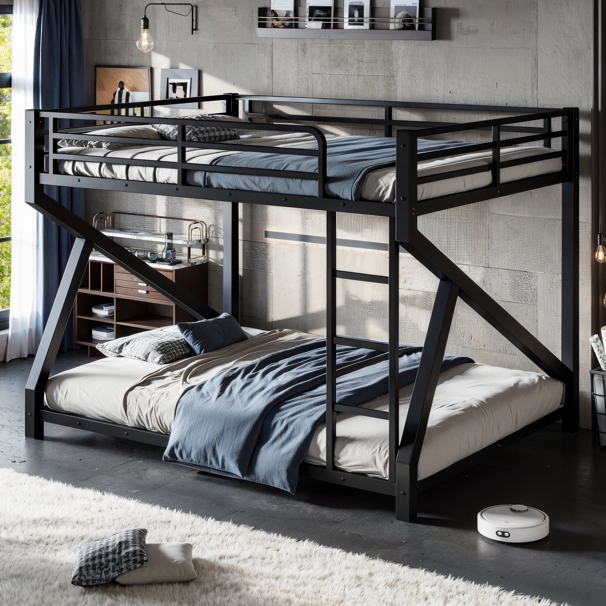 Leumius Queen over Queen Bunk Bed Frame with Ladders, Metal Bunk Bed with Full Upgraded Support Slats, Low Profile Bunk Bed for Teens Adults Black