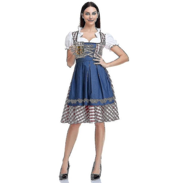 Vestido tradicional alemán a cuadros de alta calidad, traje Dirndl de Oktoberfest para mujeres adultas, fiesta elegante de Halloween-hs