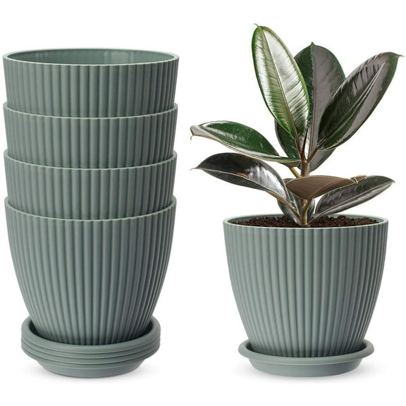 Kenzoplants 6" x 3.5" x 5" Round Green Plastic Stripe Pot Plant with Drainage Holes, 5 Count