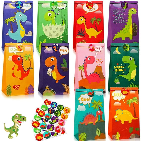 Lieonvis 30Pcs Dinosaur Party Bags Thicken Paper Dinosaur Gift Bags Recyclable Dinosaur Party Gift Bags Odorless Candy Bags with 36 Stickers for Kids Party Birthday Baby Shower Christmas