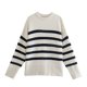 thumbnail image 1 of Suéter de mujer de estilo europeo y americano de otoño con cuello redondo y manga larga a rayas con dobladillo dividido, 1 of 5