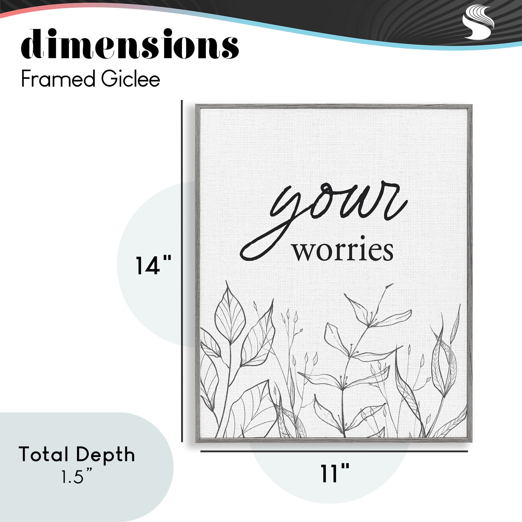 Your Worries Minimalist Leaves Gray Framed Giclee Art, design by Lettered and Lined