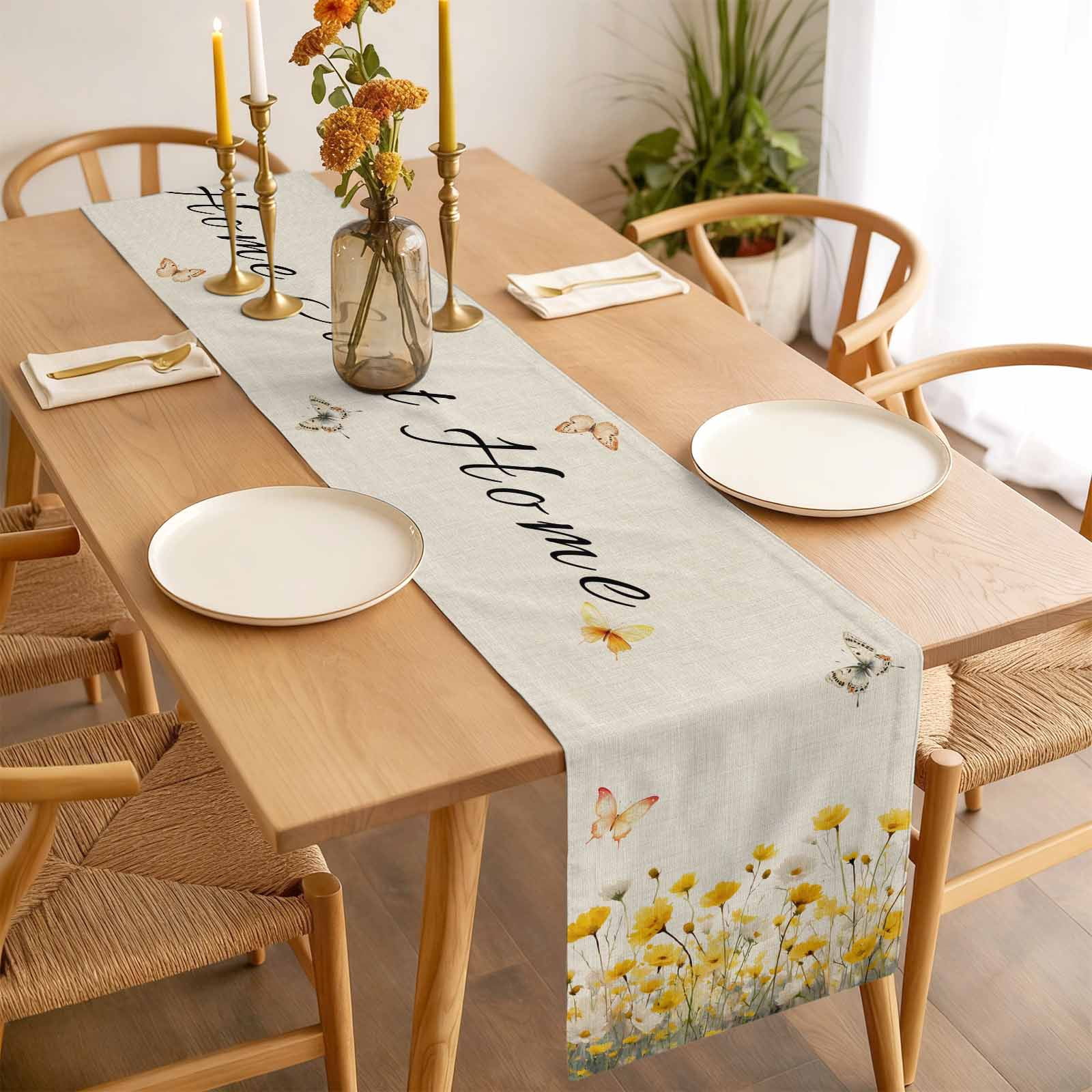Home Sweet Home Cotton Linen Table Runner Watercolor Spring White Yellow Floral Butterfly Linen Texture Dining Table Runners for Home Decor Party Dining Room Restaurant Kitchen 13" x 108"