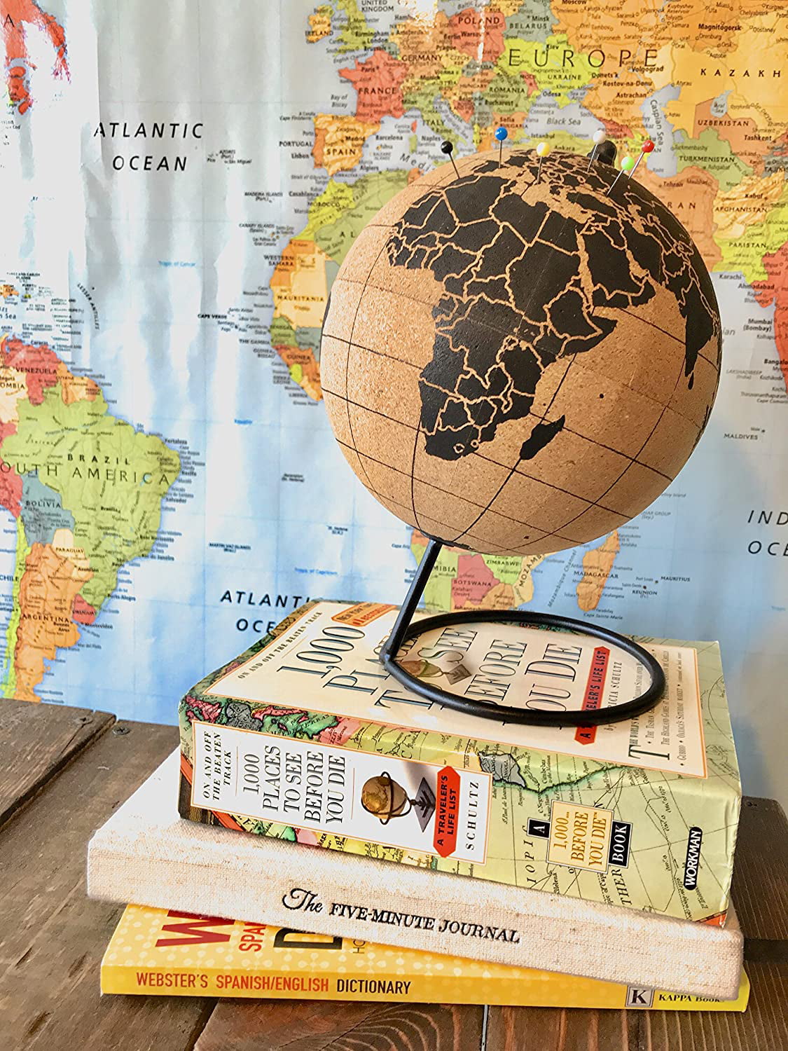 Vacation Map Stainless Steel Base Cork Globe Travel Tracker with Gold Push Pins ITAs Black/Gold Pins Great for Mapping Travels Personalized World Map Tracker Push Pin World Map | 