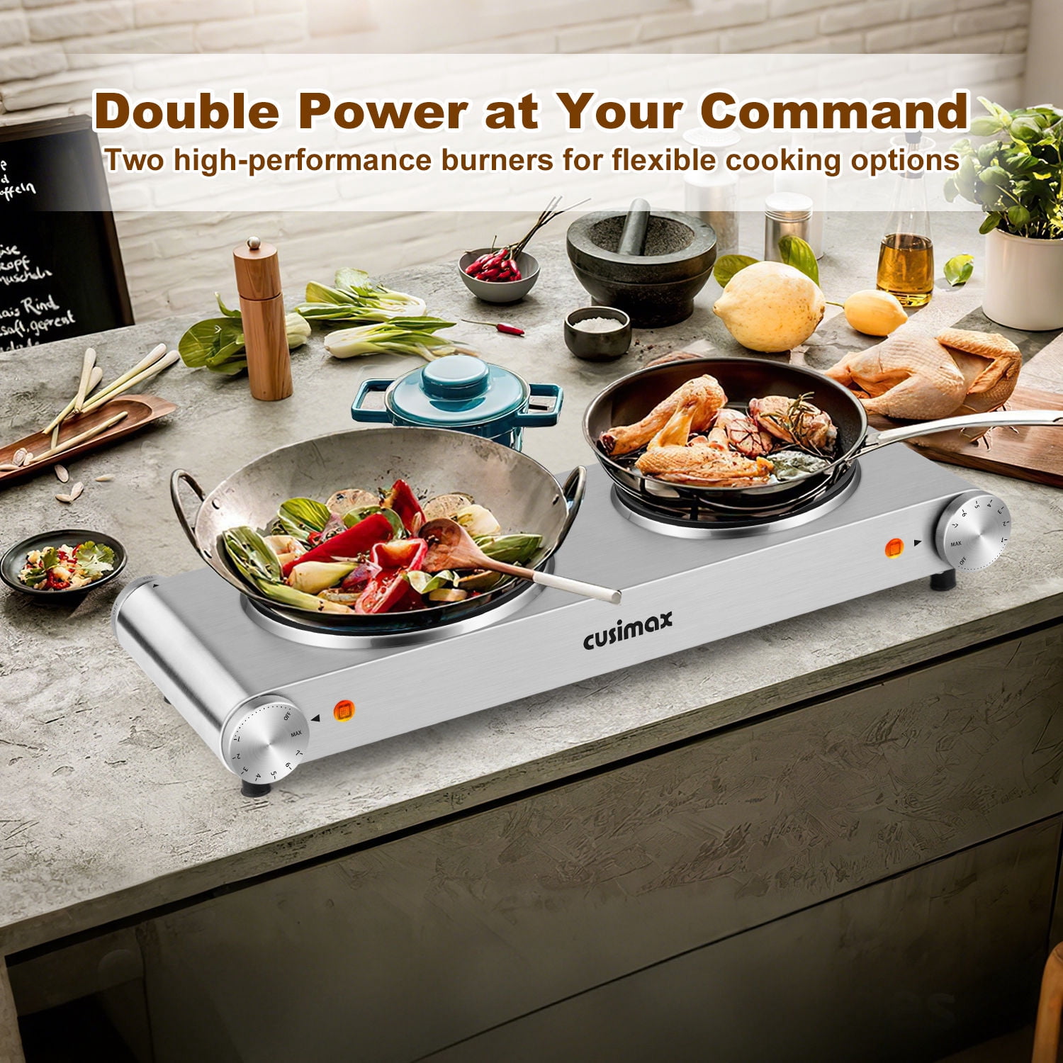 Cusimax 1800W Stainless Steel Electric Hot Plate Double Burner For Coking,Cast Iron Countertop Cooktop(Silver)