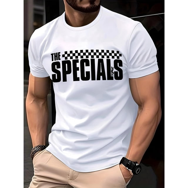 Men'S "The Specials" Graphic Tee - Casual Round Neck T-Shirt with Checkered Border, White, Muscle Shorts & Leisurewear|Checkered Pattern Shirt|Comfortable Fit