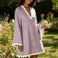 thumbnail image 4 of SETOOFF Women Vertical Stripe Mini Tunic Dress V Neck Wavy Trim Bell Long Sleeve Loose Shift Dress Beach Cover Up Casual Vacation Daily Dress, 4 of 8