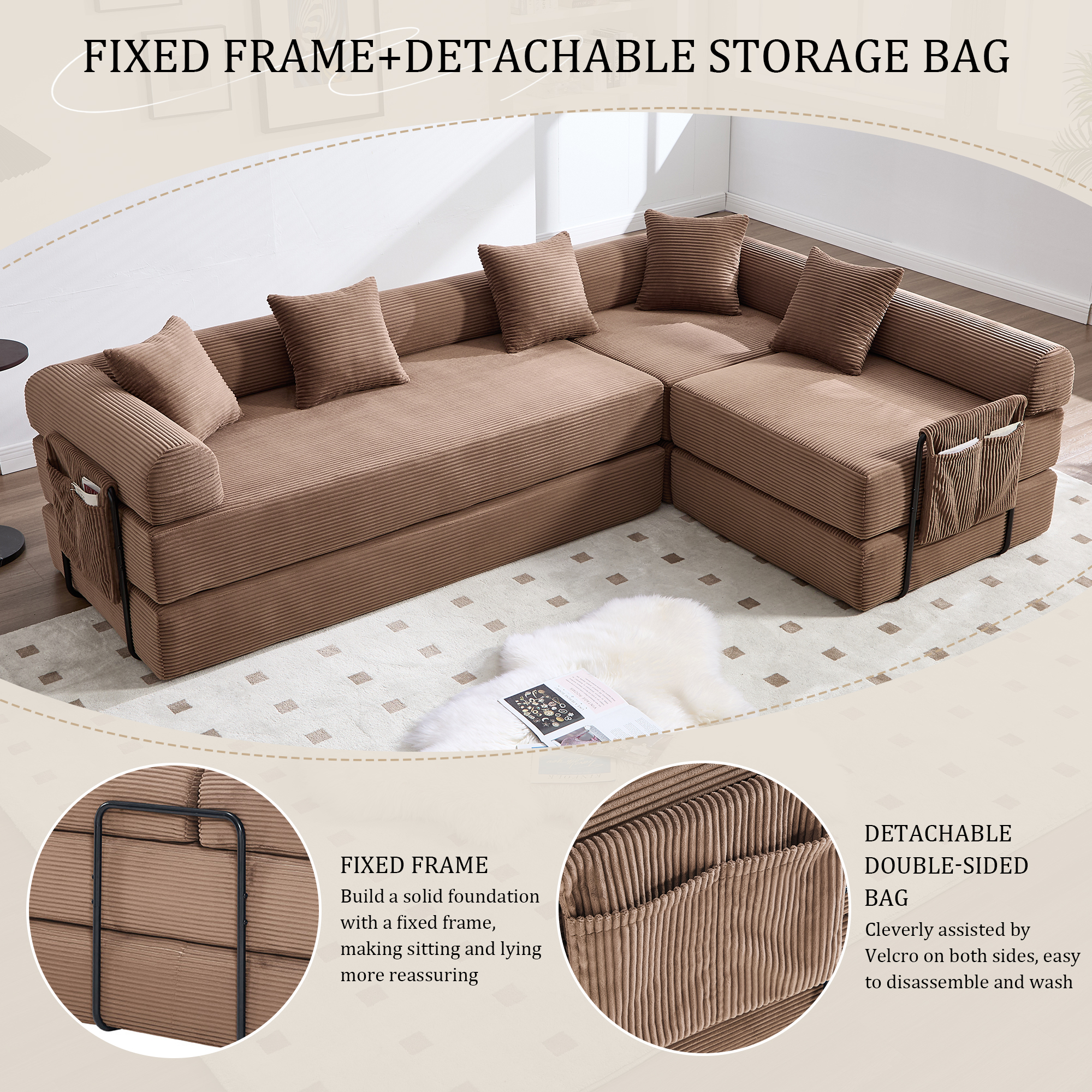 MOONMISS Corduroy Upholstered Convertible Folding Sofa Bed with Fixed Frame and Pillow Back Handrail-Brown