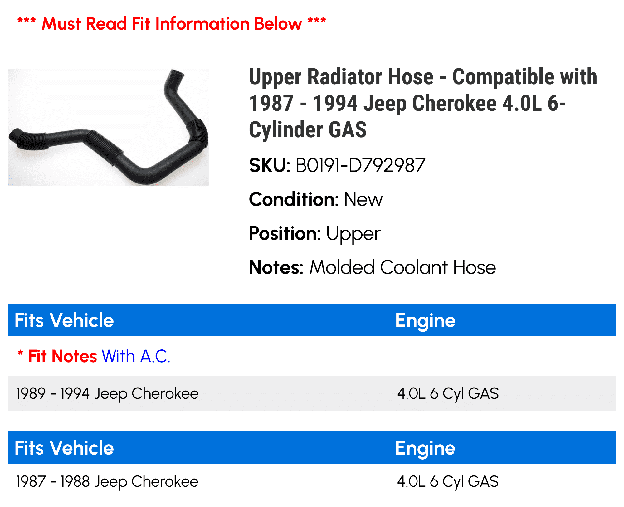 Upper Radiator Hose - Compatible with 1987 - 1994 Jeep Cherokee 4.0L 6-Cylinder GAS 1988 1989 1990 1991 1992 1993
