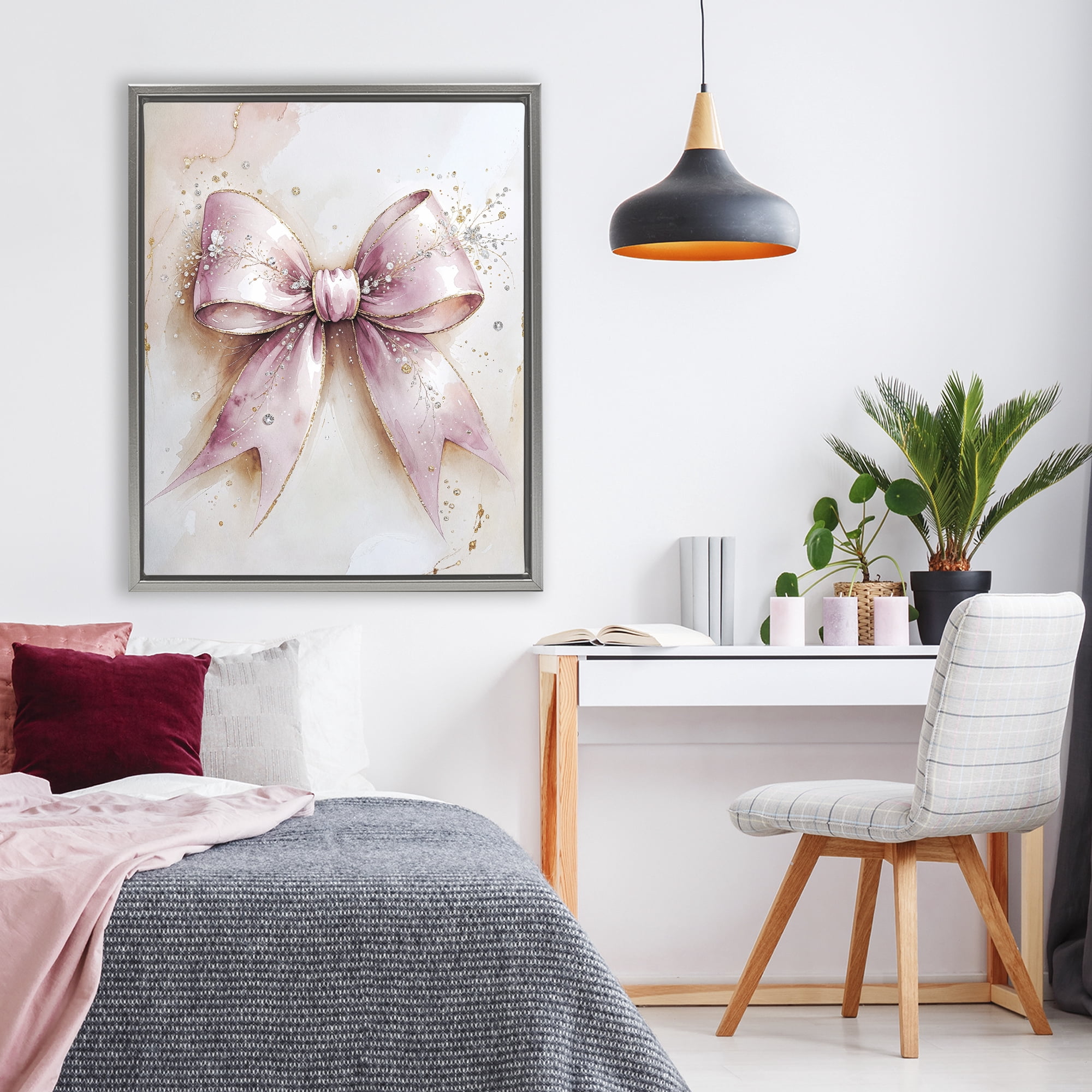 Stupell Industries Glamorous Blush Pink Bow Gray Framed Floater Canvas Wall Art, design by Nataly White