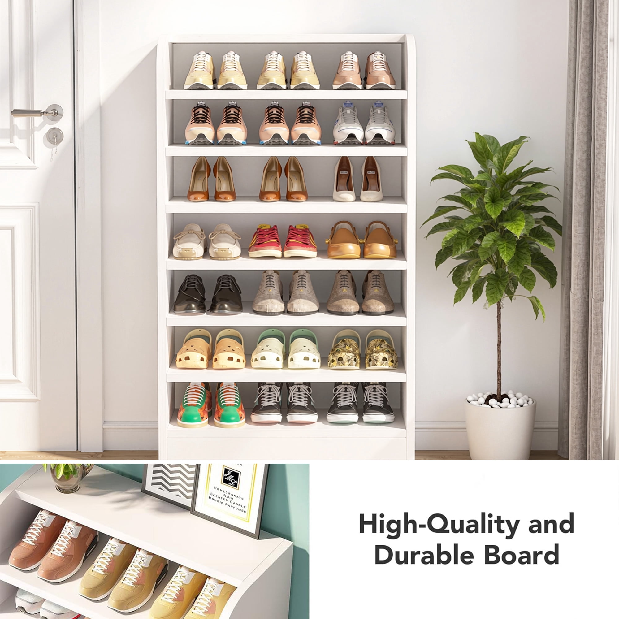 MAYEERTY 8-Tier White Shoe Storage Cabinet, E1 Particle Board Open Shoe Rack with Detachable Shelves for Entryway Dorm Garage