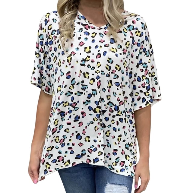 Top de manga de cinco puntos casual de moda suelta con estampado de jersey con cuello en V para mujer Fridja hj4363