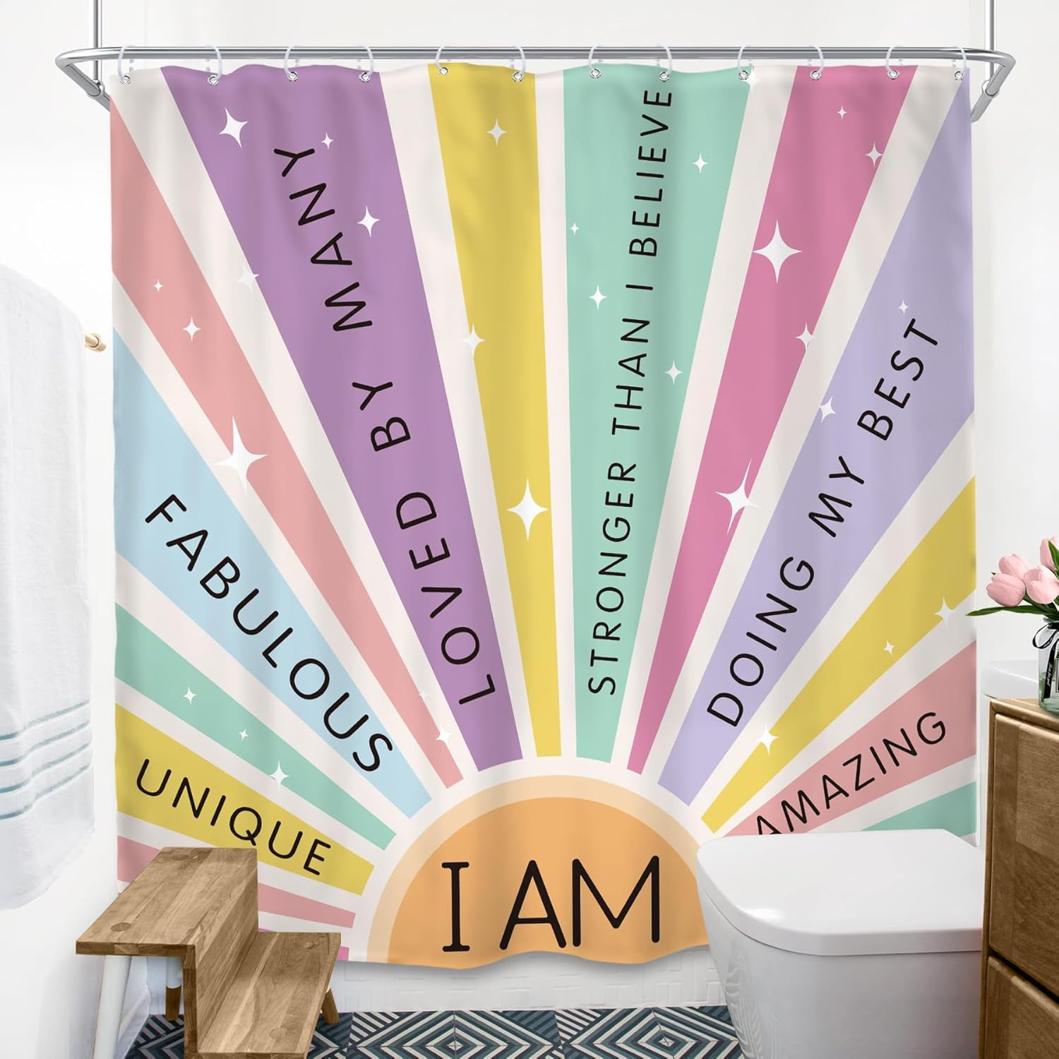 Kids Girls Shower Curtain 72Wx72L Inch Rainbow Boho Sun Colorful Quotes Retro 70s Cute Inspirational Words Motivational 12 Pack Hooks Polyester Waterproof Fabric Bathroom Bathtub Panels